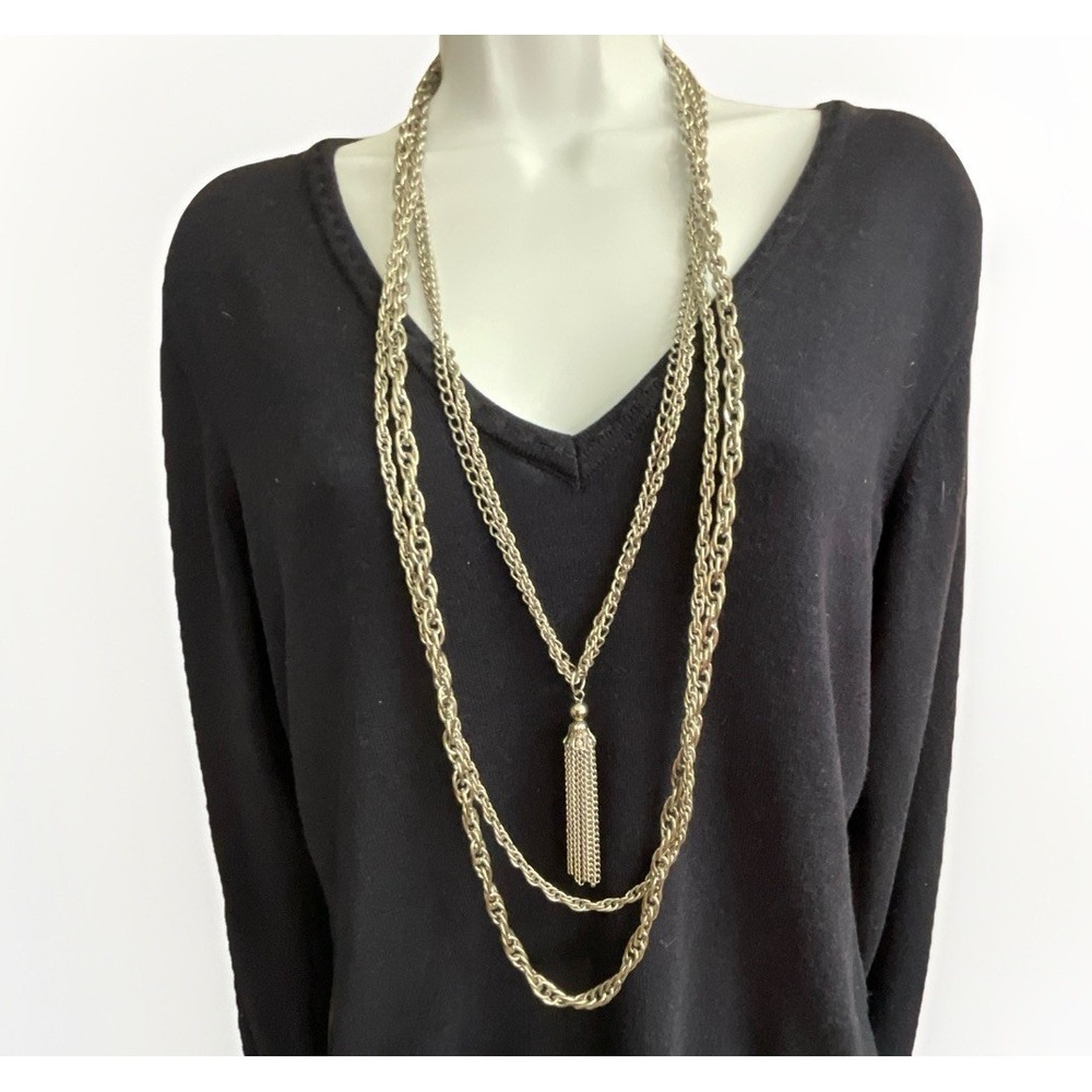 Vintage Silver Tone Layered Chain Necklace Tassel Pendant Three Strand 40"